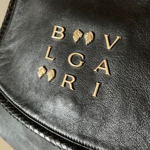 Rare Bulgari Black Leather Hobo Bag with Gold Bulgari Logo
